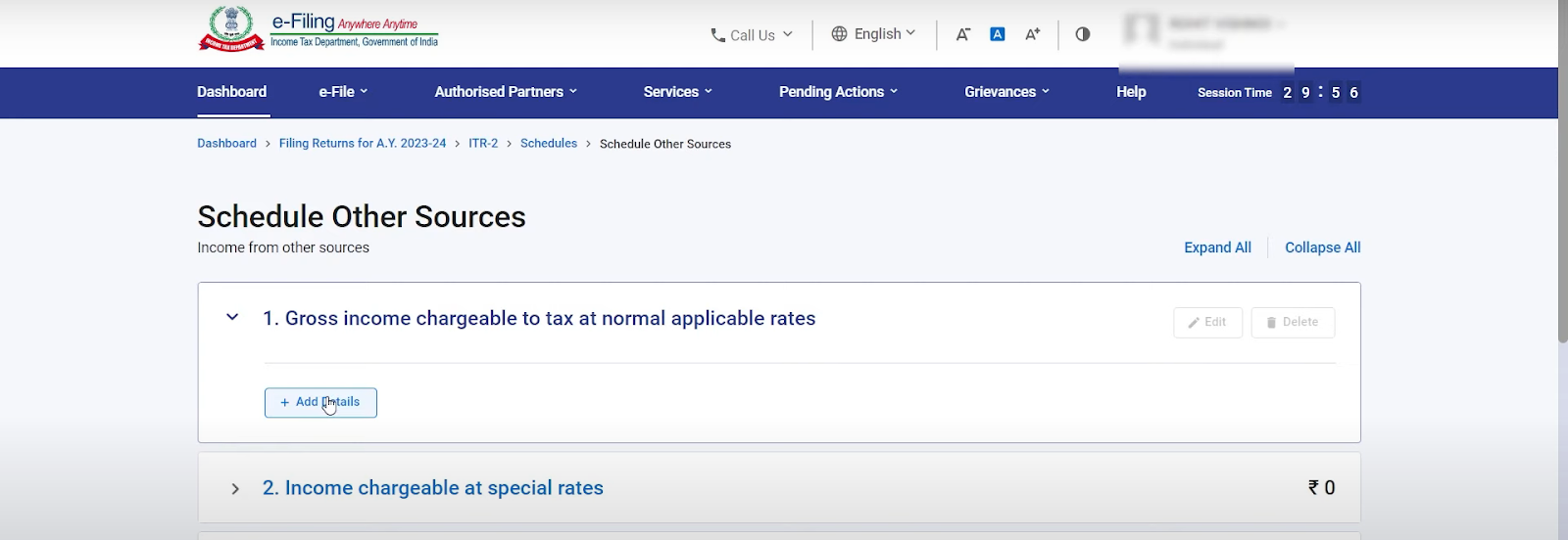 So, under gross income chargeable to tax at normal applicable rates, click on add details.
