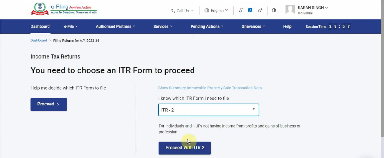 Now you will need to choose the relevant ITR form. Here you need to select ITR 2 and click on Proceed.